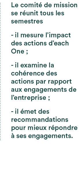 Le comit de mission se r unit tous les semestres il mesure l’impact des actions d’each One ; il examine la coh rence...
